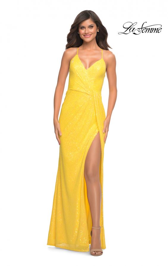 Picture of: Bright Draped Slit Long Sequin Gown with Lace Up Back in Yellow, Style: 30747, Detail Picture 1