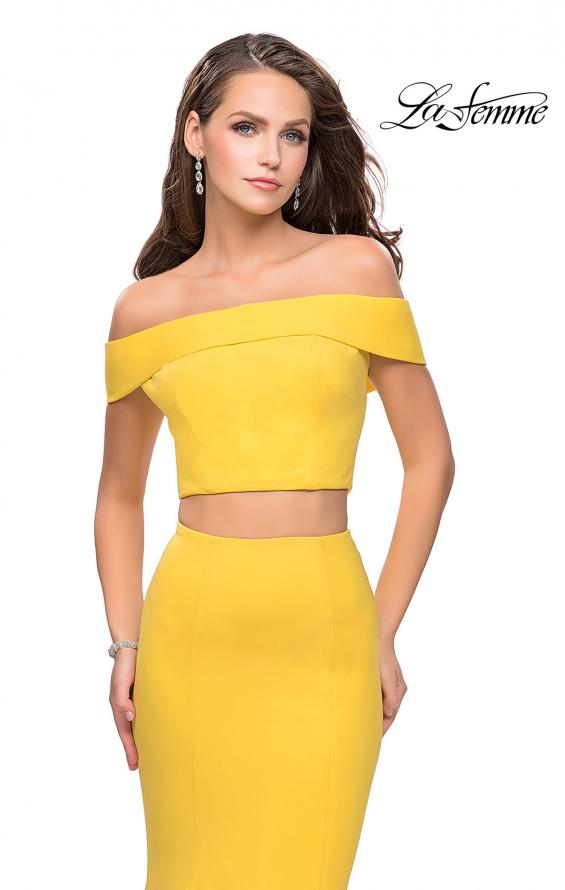 Picture of: Form Fitting Off the Shoulder Jersey Mermaid Dress in Yellow, Style: 25578, Detail Picture 2