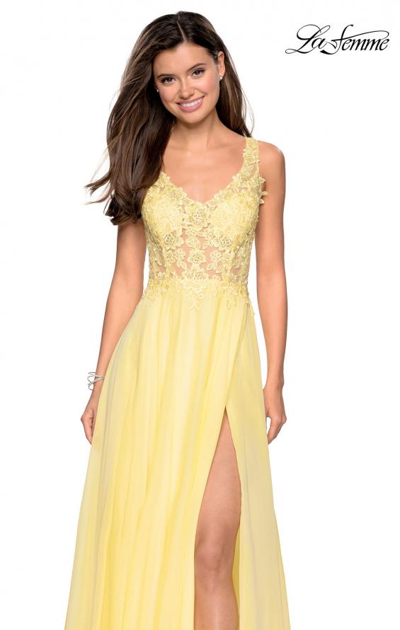 Picture of: Floor Length Chiffon Prom Dress with Sheer Floral Bodice in Yellow, Style: 27751, Detail Picture 2
