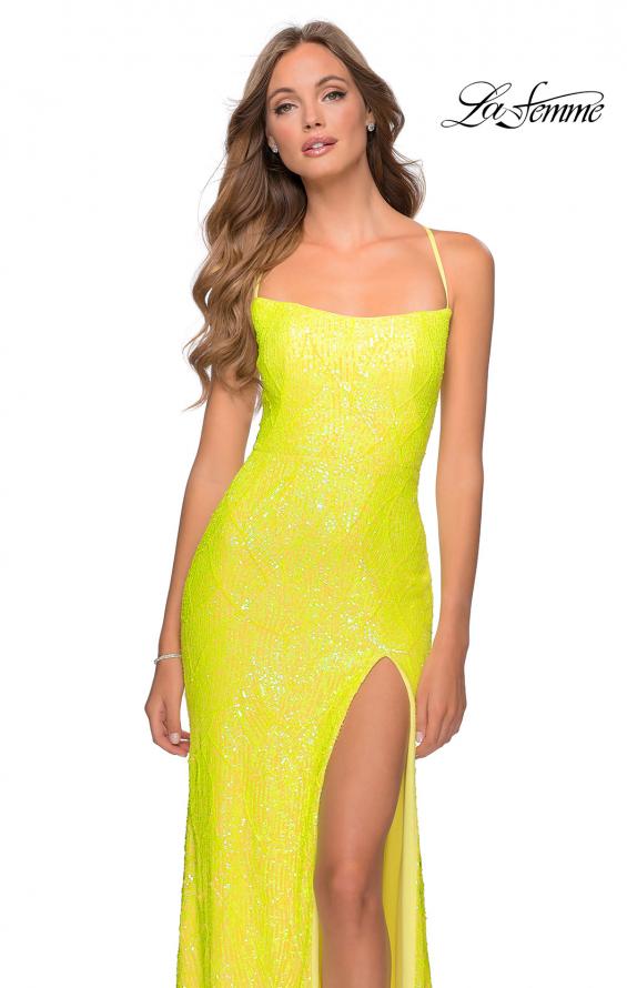 Picture of: Long Sequin Pattern Prom Dress with Tie Up Back in Yellow, Style: 28516, Detail Picture 2