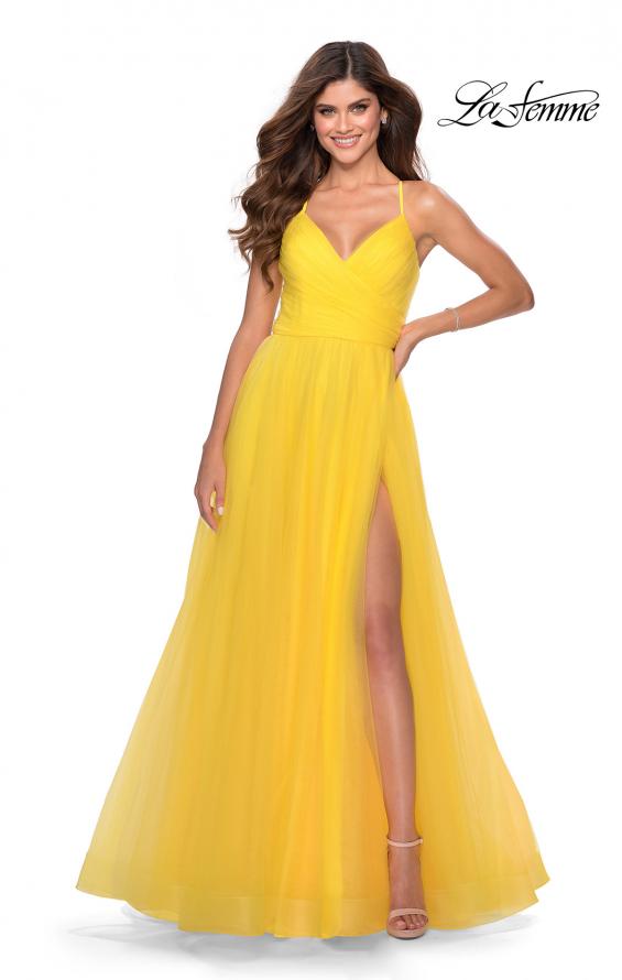 Picture of: Long Tulle A-line Prom Gown with Side Slit and Pockets in Yellow, Style: 28561, Detail Picture 2