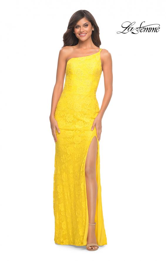 Picture of: One Shoulder Long Lace Prom Dress with Open Back in Yellow, Style: 30441, Detail Picture 2