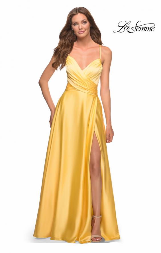 Picture of: Bright Satin Gown with Criss-Cross Ruched Top in Yellow, Style: 30662, Detail Picture 2