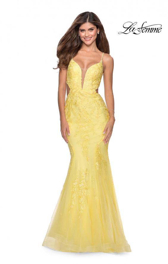 Picture of: Mermaid Tulle Gown with Floral Lace and Rhinestones in Yellow, Style: 28768, Detail Picture 3