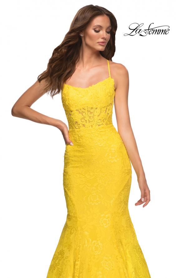 Picture of: Bright Mermaid Lace Gown with Sheer Bodice and Open Back in Yellow, Style: 30612, Detail Picture 3