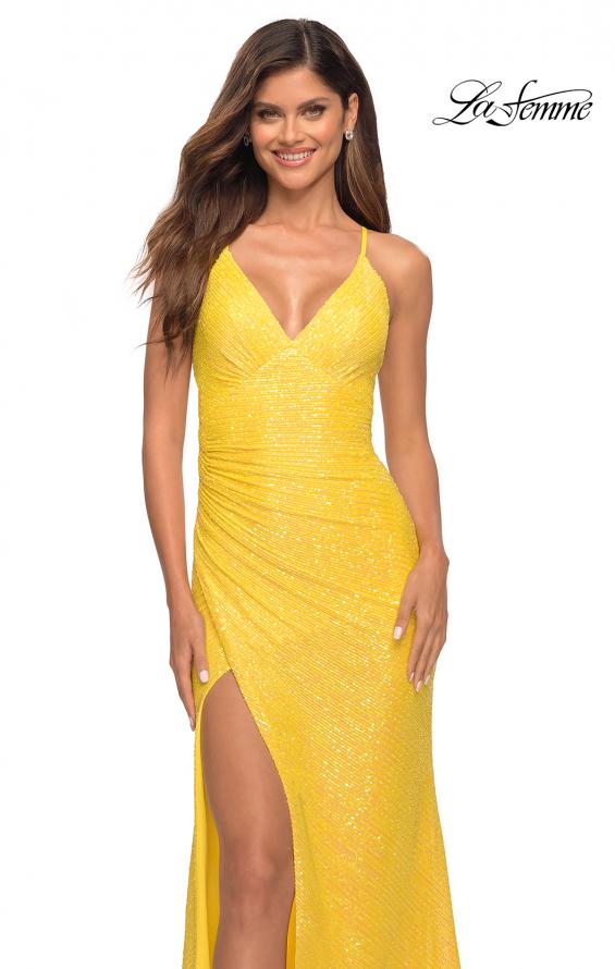 Picture of: Open Back Warp Style Sequin Dress in Bright Colors in Yellow, Detail Picture 3