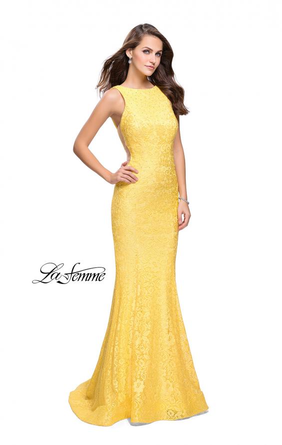 Picture of: Lace Mermaid Dress with Sheer Sides and Low Back in Yellow, Style: 24903, Detail Picture 4
