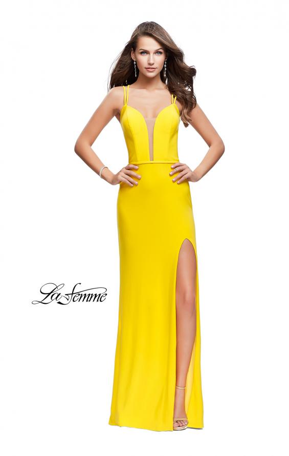 Picture of: Form Fitting Jersey Prom Dress with Side Leg Slit in Yellow, Style: 25725, Detail Picture 2