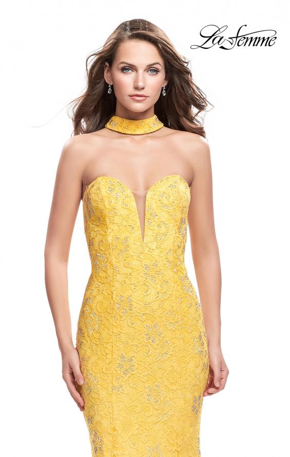 Picture of: Strapless Beaded Lace Mermaid Dress with T Back in Yellow, Style: 26261, Detail Picture 2