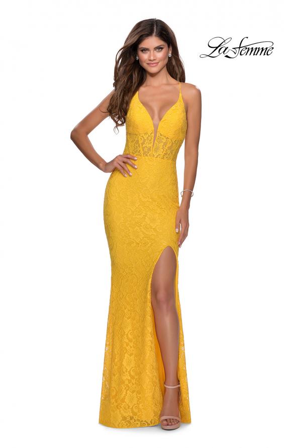 Picture of: Floor Length Lace Prom Dress with Sheer Bodice in Yellow, Style: 28591, Detail Picture 4