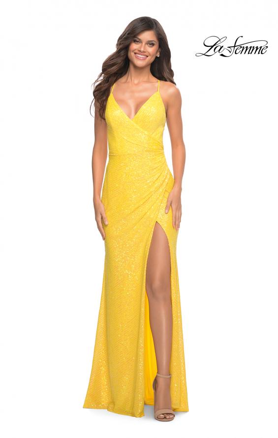 Picture of: Vibrant Wrap Style Sequin Dress with Slit in Yellow, Style: 30620, Detail Picture 4