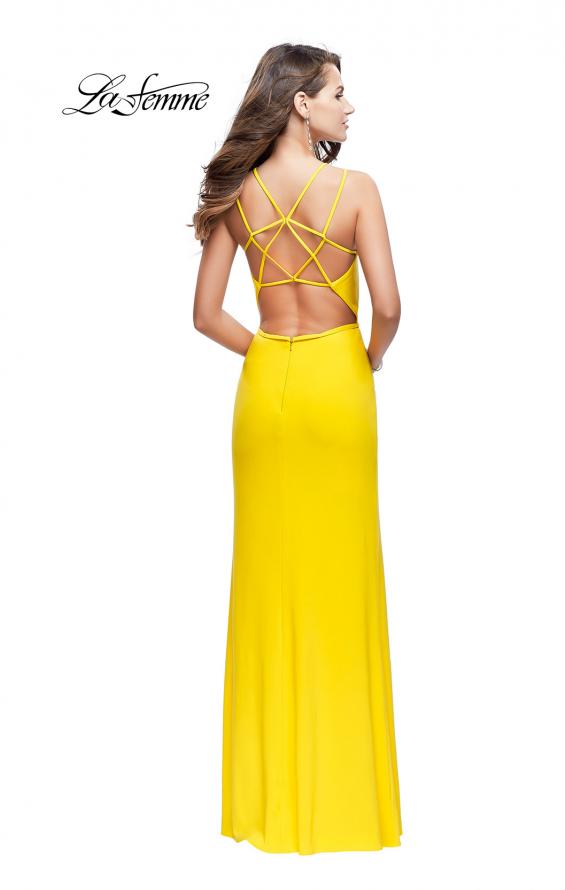 Picture of: Form Fitting Jersey Prom Dress with Side Leg Slit in Yellow, Style: 25725, Detail Picture 5