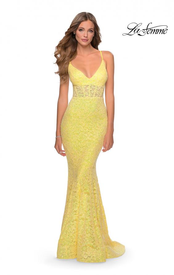 Picture of: Sequin Lace Mermaid Prom Dress with Sheer Bodice in Yellow, Style: 28647, Detail Picture 5