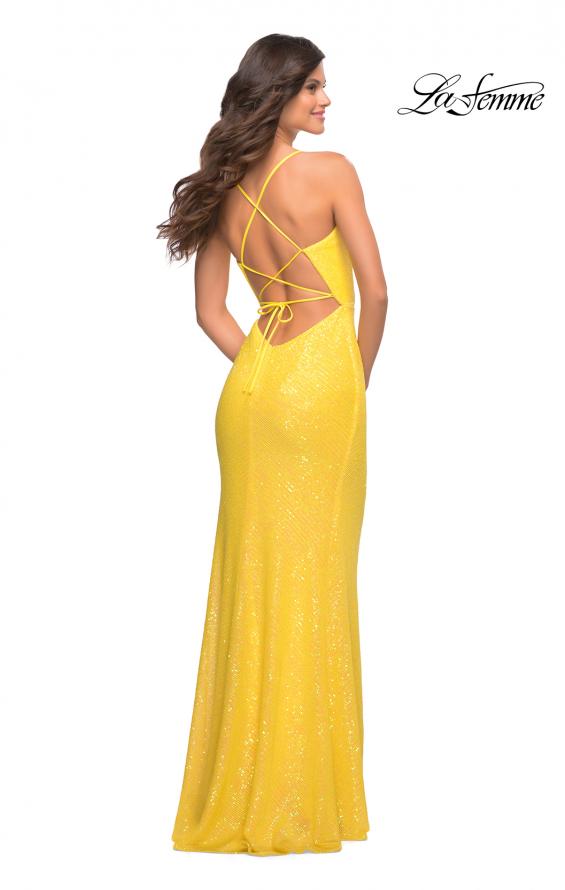 Picture of: Vibrant Wrap Style Sequin Dress with Slit in Yellow, Style: 30620, Detail Picture 5