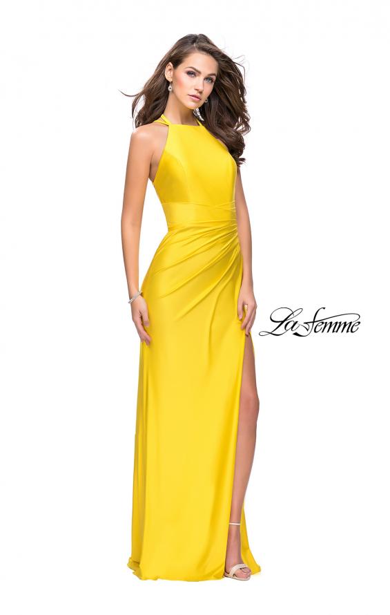 Picture of: High Neck Long Form Fitting Gown with Ruching in Yellow, Style: 26141, Detail Picture 6