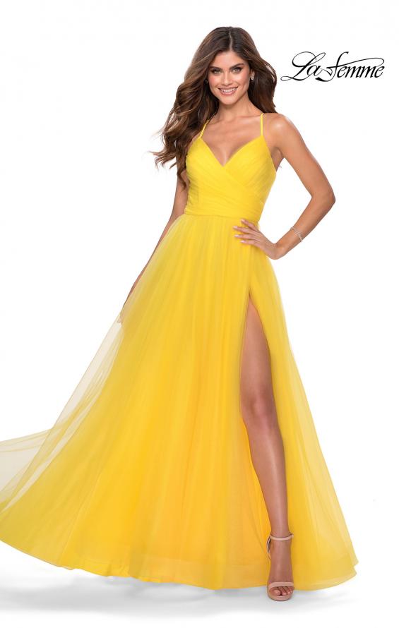 Picture of: Long Tulle A-line Prom Gown with Side Slit and Pockets in Yellow, Style: 28561, Detail Picture 6