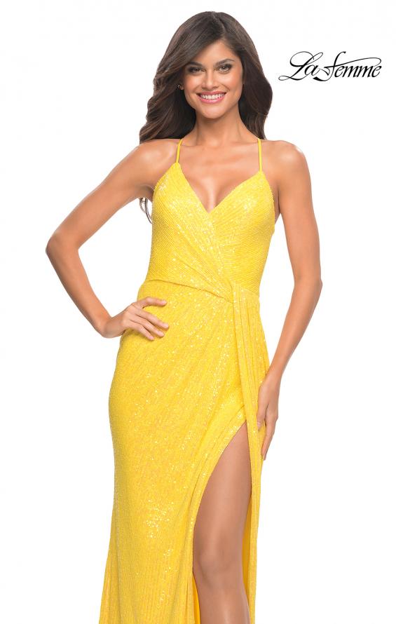 Picture of: Bright Draped Slit Long Sequin Gown with Lace Up Back in Yellow, Style: 30747, Detail Picture 6