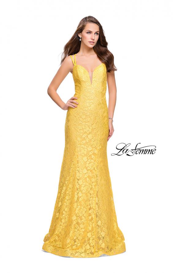 Picture of: Long Lace Mermaid Prom Dress with Double Straps in Yellow, Style: 26043, Detail Picture 7