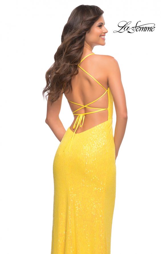 Picture of: Bright Draped Slit Long Sequin Gown with Lace Up Back in Yellow, Style: 30747, Detail Picture 7