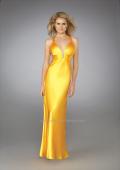Picture of: Long Satin Prom Gown with V Neck and X Back in Yellow, Style: 12298, Main Picture