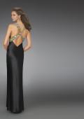 Picture of: Low V Neck Dress with Thigh High Slit and Printed Belt in Black, Style: 14196, Back Picture