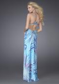 Picture of: Multi Colored Print Satin Dress with Floral Broach Detail in Multi, Style: 14469, Back Picture