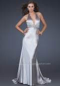 Picture of: Halter Neck Deep V Prom Gown with Beaded Belt and Train in Silver, Style: 14743, Main Picture