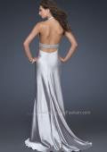 Picture of: Halter Neck Deep V Prom Gown with Beaded Belt and Train in Silver, Style: 14743, Back Picture