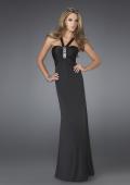 Picture of: Long Jersey Prom Dress with Ruching and Broach in Black, Style: 14925, Main Picture