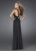 Picture of: Long Jersey Prom Dress with Ruching and Broach in Black, Style: 14925, Back Picture