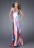 Picture of: Multi Color Print Gown with Broach and V Back Straps in Multi, Style: 15025, Main Picture