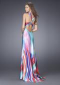 Picture of: Multi Color Print Gown with Broach and V Back Straps in Multi, Style: 15025, Back Picture
