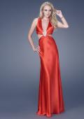 Picture of: Satin Deep V Gown with Cut Outs and Open Back in Red, Style: 15037, Main Picture