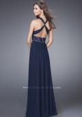 Picture of: Halter Prom Gown with Gathered Waist and X Back in Navy, Style: 15064, Back Picture