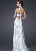 Picture of: One Shoulder Satin Gown with Broach and Train in White, Style: 15102, Back Picture