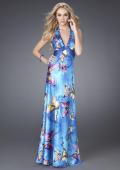 Picture of: Butterfly Print Long Halter Satin Prom Dress in Blue Multi, Style: 15228, Main Picture