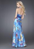 Picture of: Butterfly Print Long Halter Satin Prom Dress in Blue Multi, Style: 15228, Back Picture