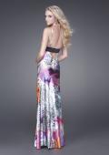Picture of: Scoop Neck Satin Dress with Black Waist Band in Multi, Style: 15301, Back Picture