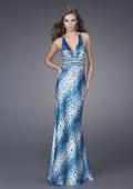 Picture of: Leopard Print Gown with Cut Out Sides and Beaded Straps in Blue, Style: 15349, Back Picture