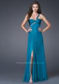 Picture of: Ruched Bust Gown with Floral Strap and Slit in Teal, Style: 15361, Detail Picture 6