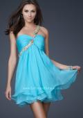 Picture of: Short Chiffon Cocktail Dress with Floral Strap Detail in Aqua, Style: 16060, Detail Picture 1