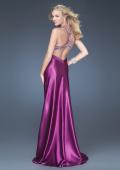 Picture of: Satin A-line Dress with Beaded Halter Straps and Train in Purple, Style: 16110, Back Picture