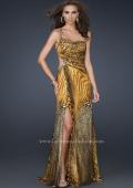 Picture of: Long Printed Prom Dress with Detailed Beaded Straps in Gold, Style: 17207, Back Picture