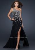 Picture of: One Shoulder Chiffon Gown with Intricate Back and Slit in Black, Style: 17706, Main Picture