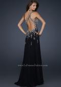 Picture of: One Shoulder Chiffon Gown with Intricate Back and Slit in Black, Style: 17706, Back Picture