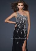 Picture of: One Shoulder Chiffon Gown with Intricate Back and Slit in Black, Style: 17706, Detail Picture 1