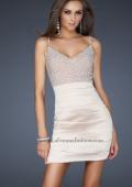 Picture of: Form Fitting V Neck Front Dress with Pleating in Nude, Style: 17721, Detail Picture 1