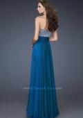 Picture of: Long Chiffon Dress with Beaded Bodice and Flowy Skirt in Blue, Style: 18121, Back Picture
