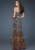 Picture of: Animal Inspired Strapless Gown with High Belted Waist in Print, Style: 18142, Back Picture
