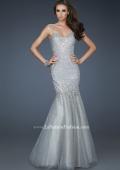 Picture of: Sequined Trumpet Gown with Tulle and Rhinestone Detail in Silver, Style: 18156, Main Picture